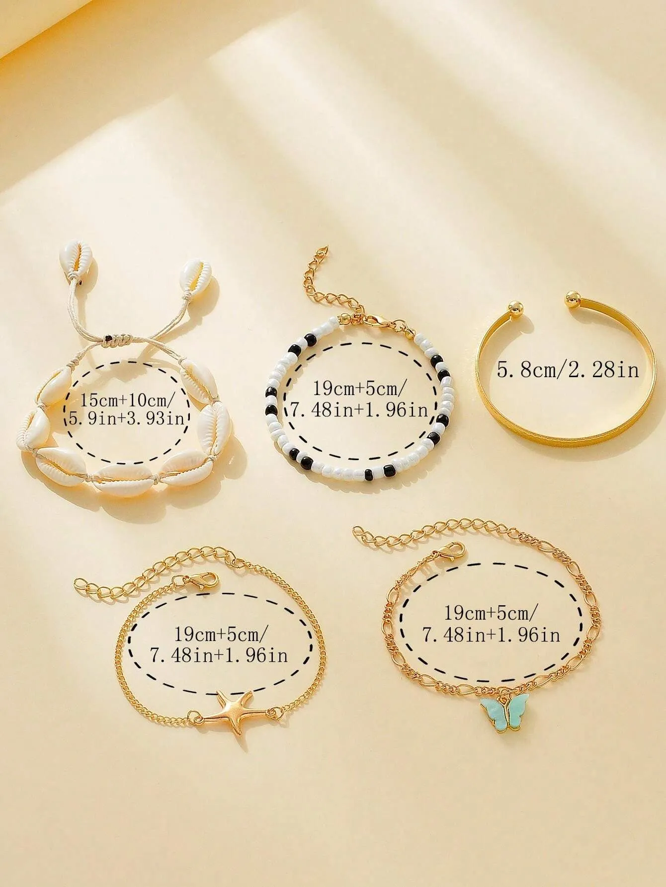 10914 b01-15 Set De 5 Pulseras De Cuentas Con Detalles Metálicos Dorados