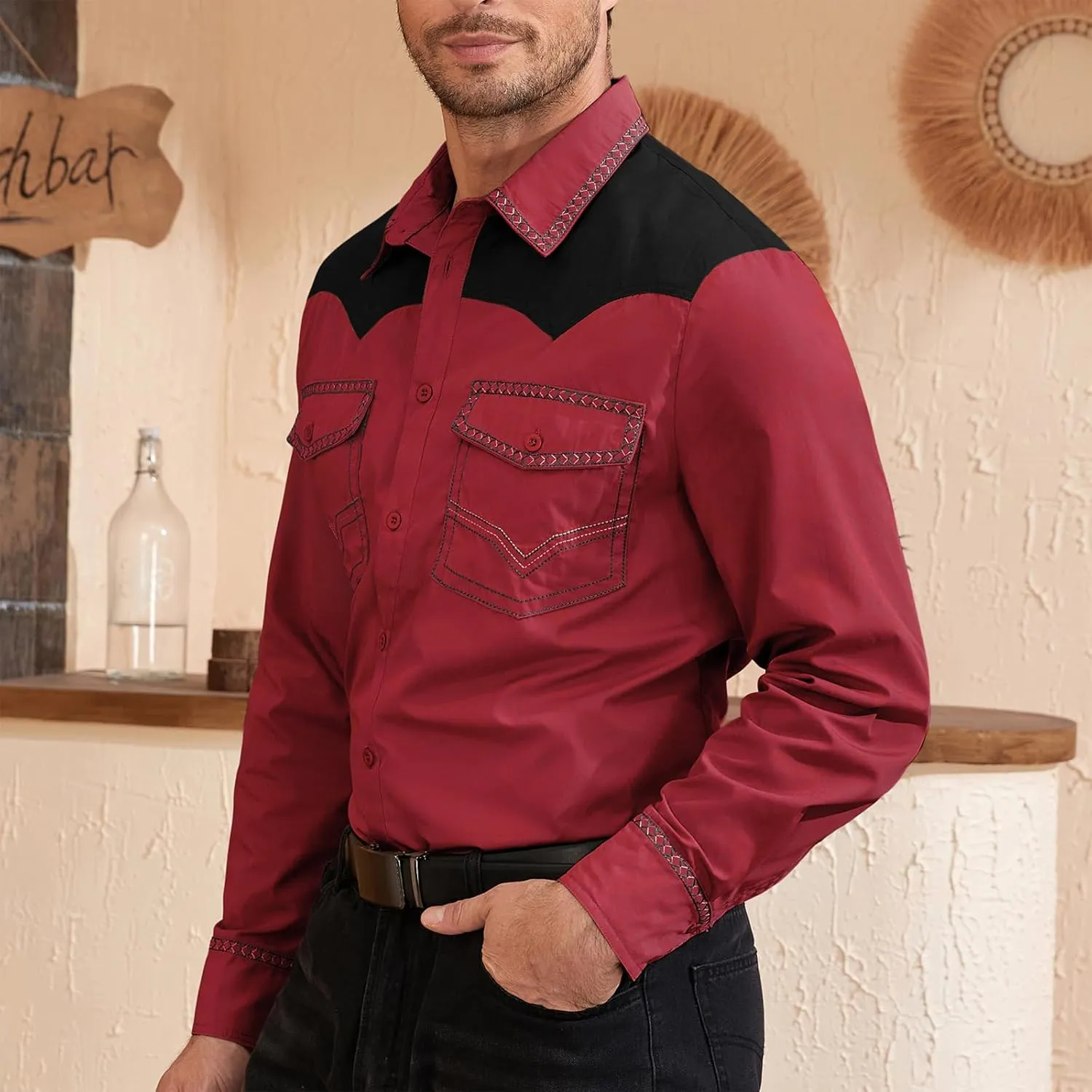 American Trends Mens Western Shirts Long Sleeve Cowboy Shirts for Men Casual Button Down Shirts Country Shirt