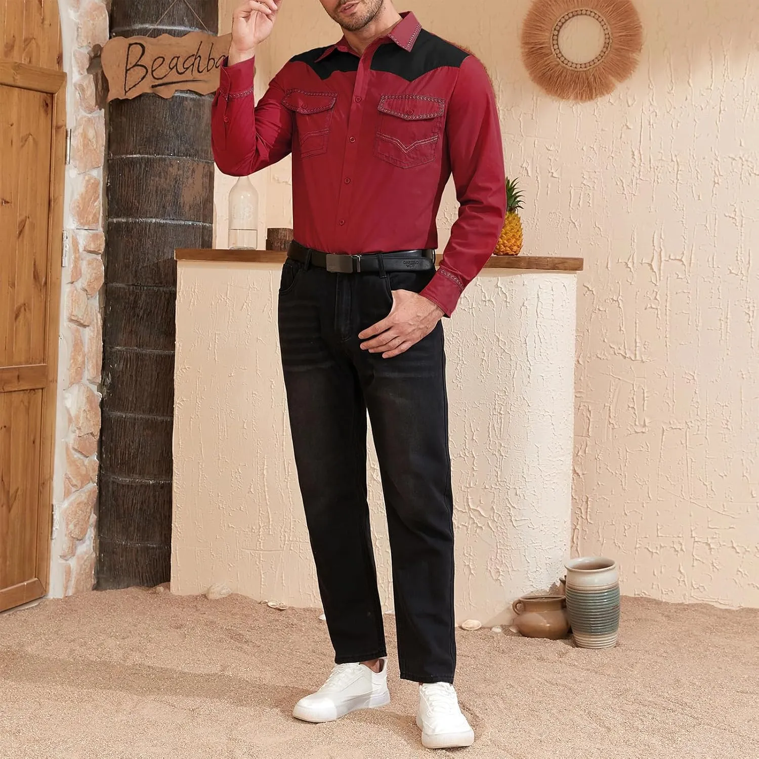 American Trends Mens Western Shirts Long Sleeve Cowboy Shirts for Men Casual Button Down Shirts Country Shirt