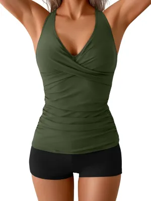 B2prity Women's Tankini Swimsuits Tummy Control Ruched Two Piece Bathing Suit V Neck Wrap Tie Back Swimwear with Shorts