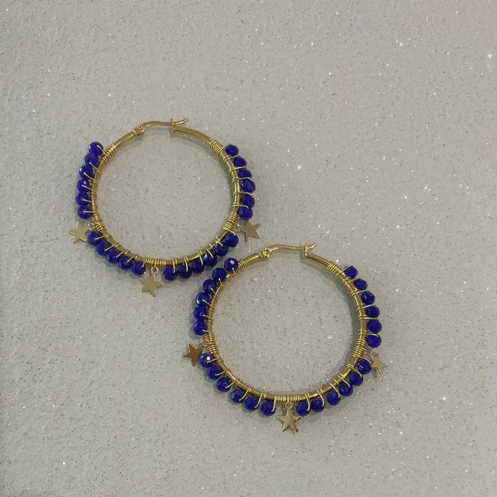 Blue Beads and Stars Turkish Hoops