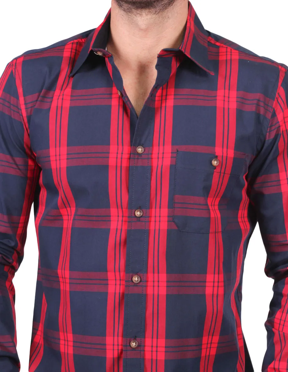 Camisas Hombre Slim Fit Manga Larga Cuadros Rojo B25116