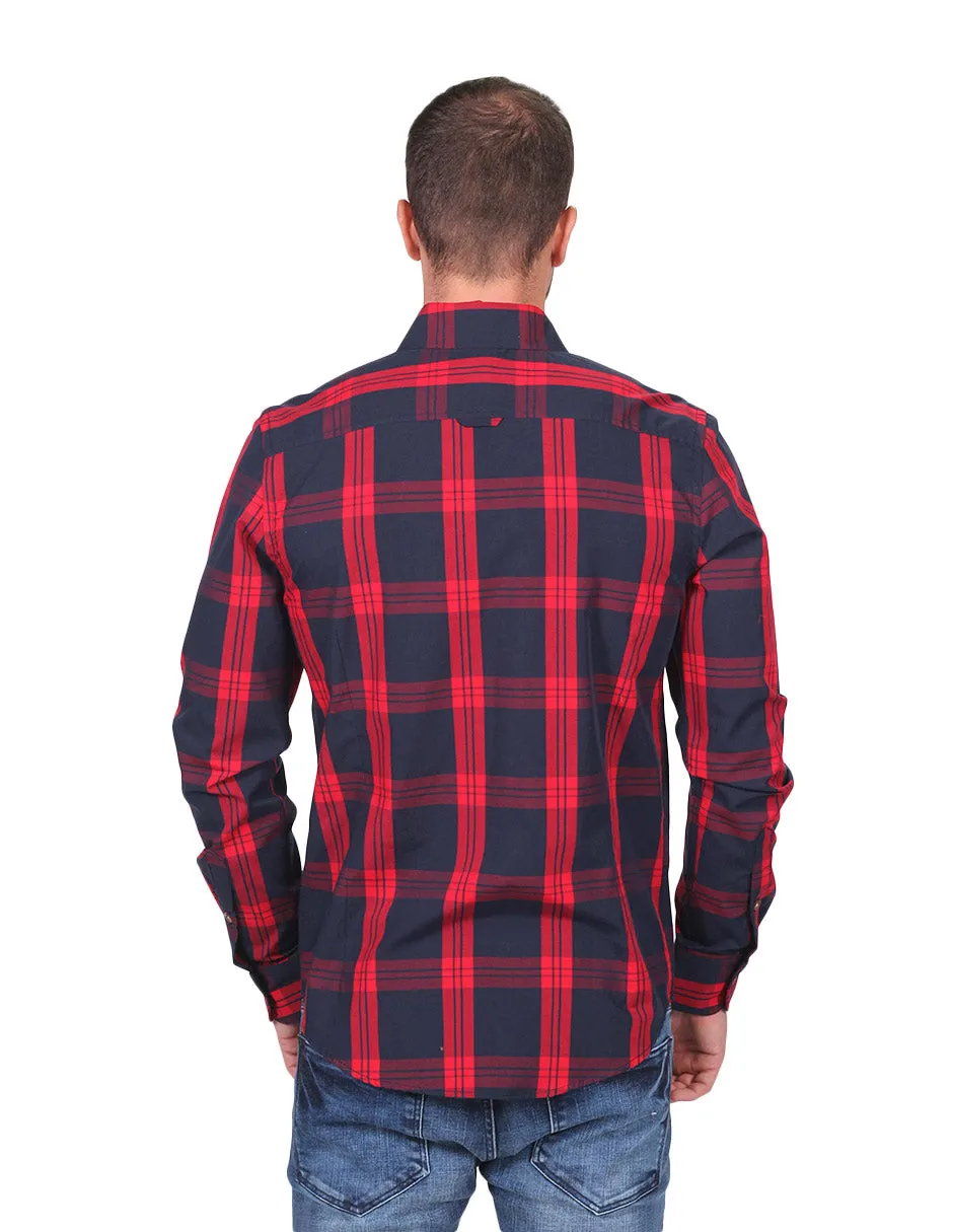 Camisas Hombre Slim Fit Manga Larga Cuadros Rojo B25116