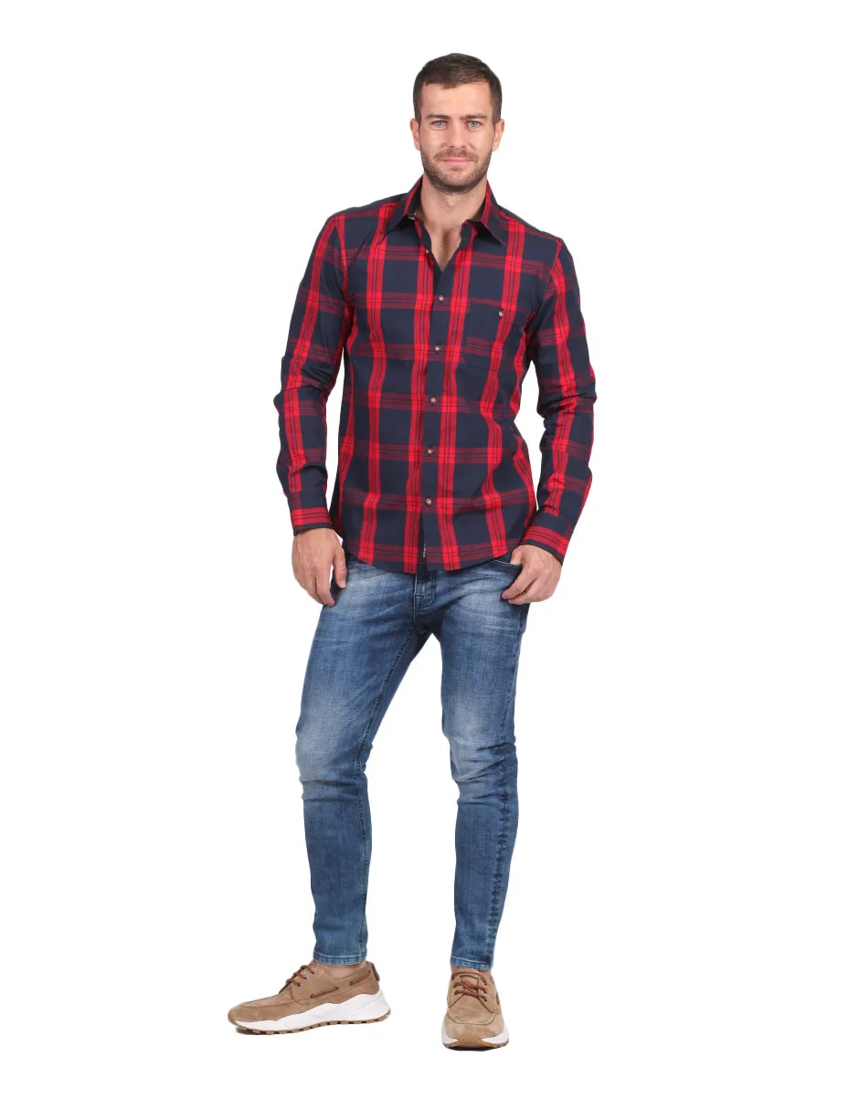 Camisas Hombre Slim Fit Manga Larga Cuadros Rojo B25116