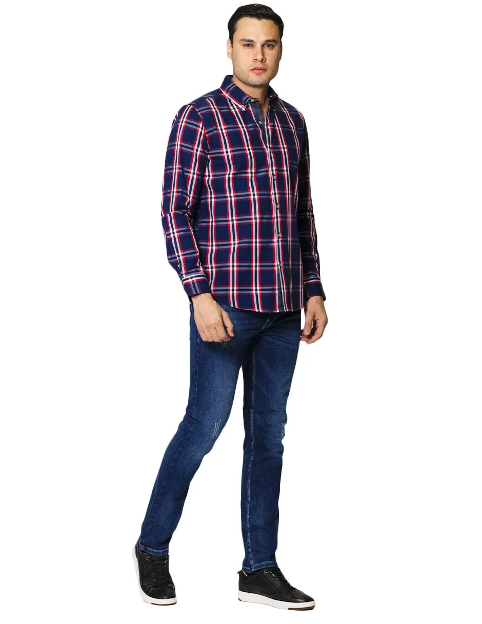 Camisas Para Hombre De Manga Larga Con Estampado De Cuadros Cuello Button Down De Algodon Regular Fit B41107 Rojo