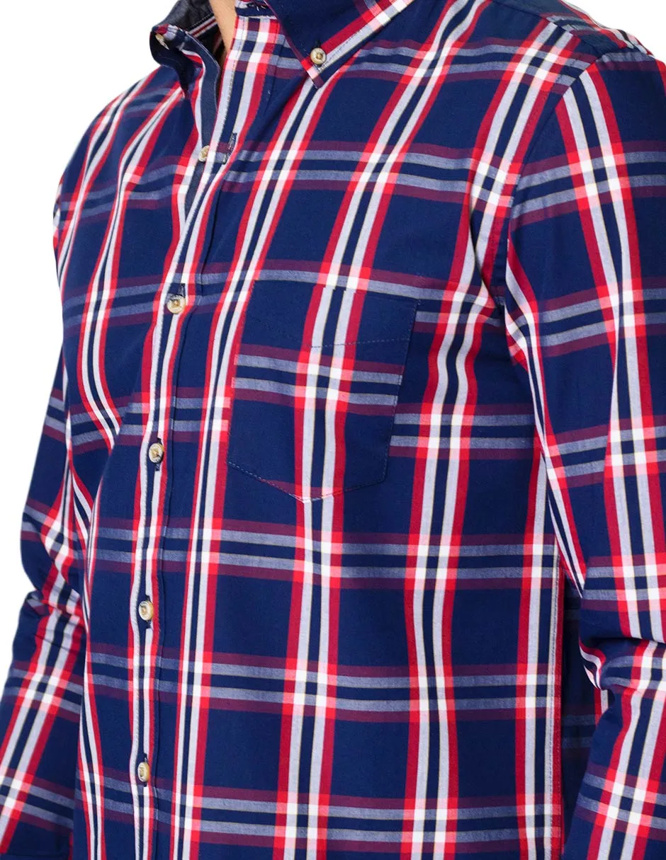 Camisas Para Hombre De Manga Larga Con Estampado De Cuadros Cuello Button Down De Algodon Regular Fit B41107 Rojo