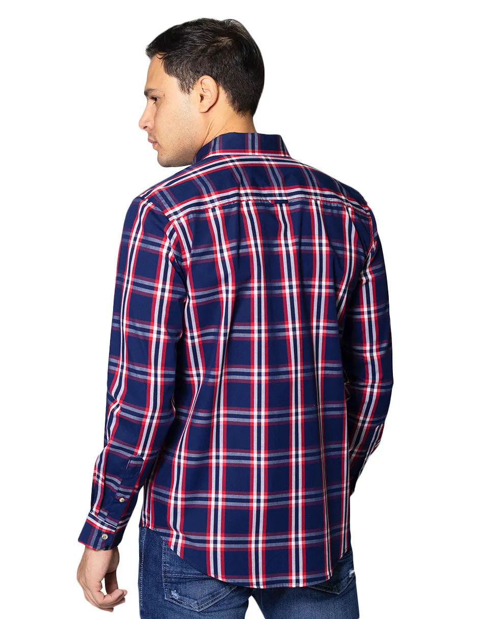 Camisas Para Hombre De Manga Larga Con Estampado De Cuadros Cuello Button Down De Algodon Regular Fit B41107 Rojo