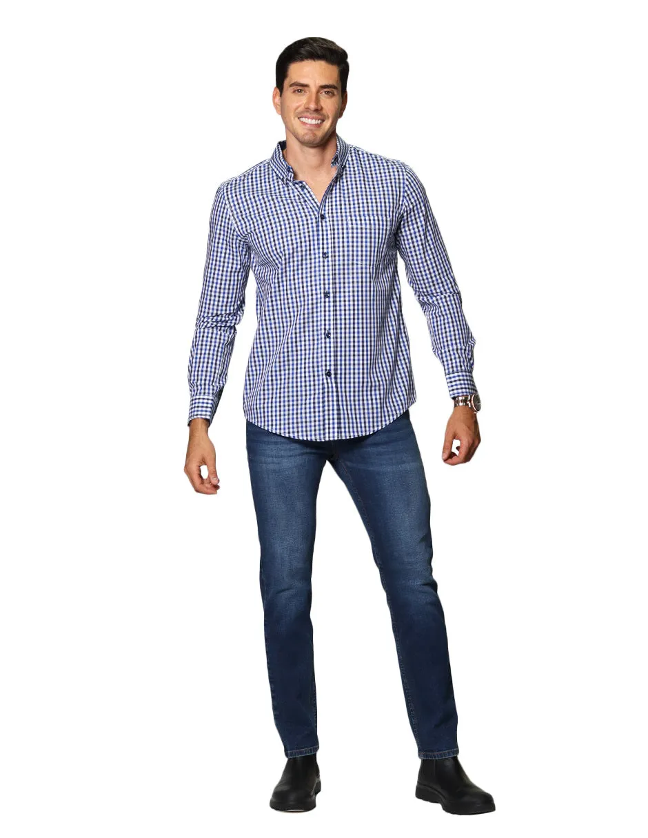 Camisas Para Hombre De Manga Larga Con Estampado de Cuadros Regular Fit B35215 Azul