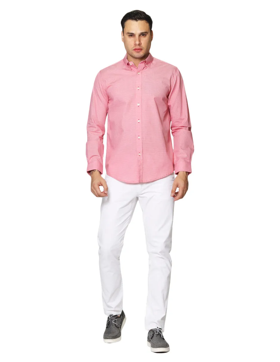 Camisas Para Hombre De Tela Mascota Con Estamado De Micro Cuadros De Manga Larga Cuello Button Down Regular Fit B41211 Rojo