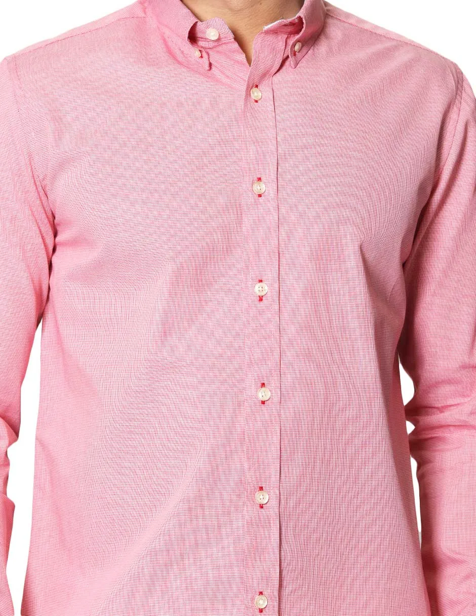 Camisas Para Hombre De Tela Mascota Con Estamado De Micro Cuadros De Manga Larga Cuello Button Down Regular Fit B41211 Rojo