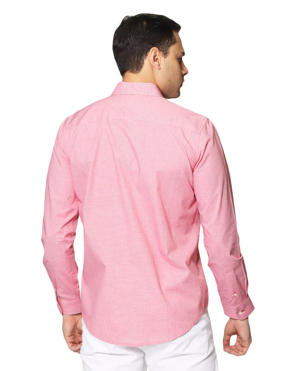Camisas Para Hombre De Tela Mascota Con Estamado De Micro Cuadros De Manga Larga Cuello Button Down Regular Fit B41211 Rojo