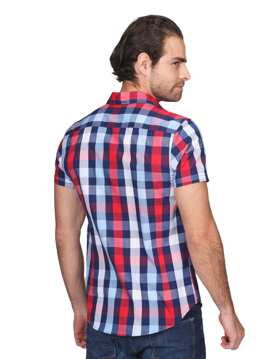 Camisas Para Hombre Manga Corta Cuadros Slim Fit Marino B21154