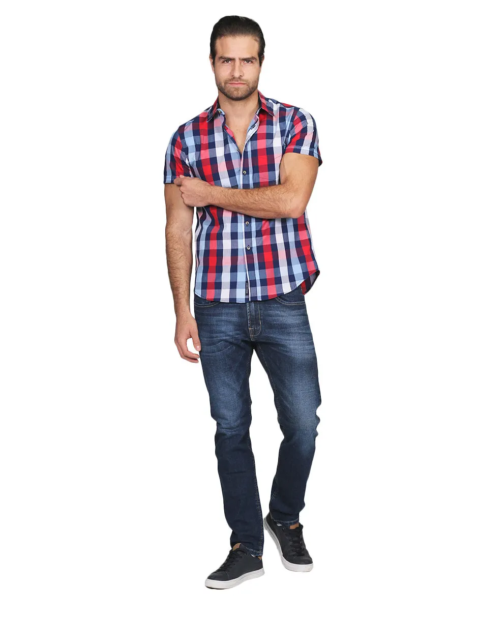 Camisas Para Hombre Manga Corta Cuadros Slim Fit Marino B21154