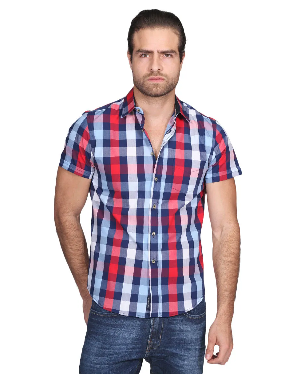 Camisas Para Hombre Manga Corta Cuadros Slim Fit Marino B21154