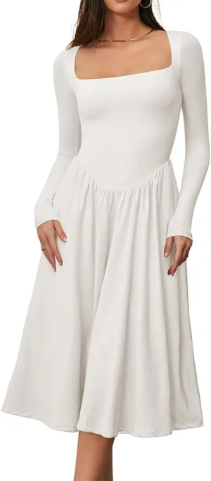 CHYRII Women Spring Fashion 2025 Square Neck Long Sleeve Casual A-Line Midi Dress