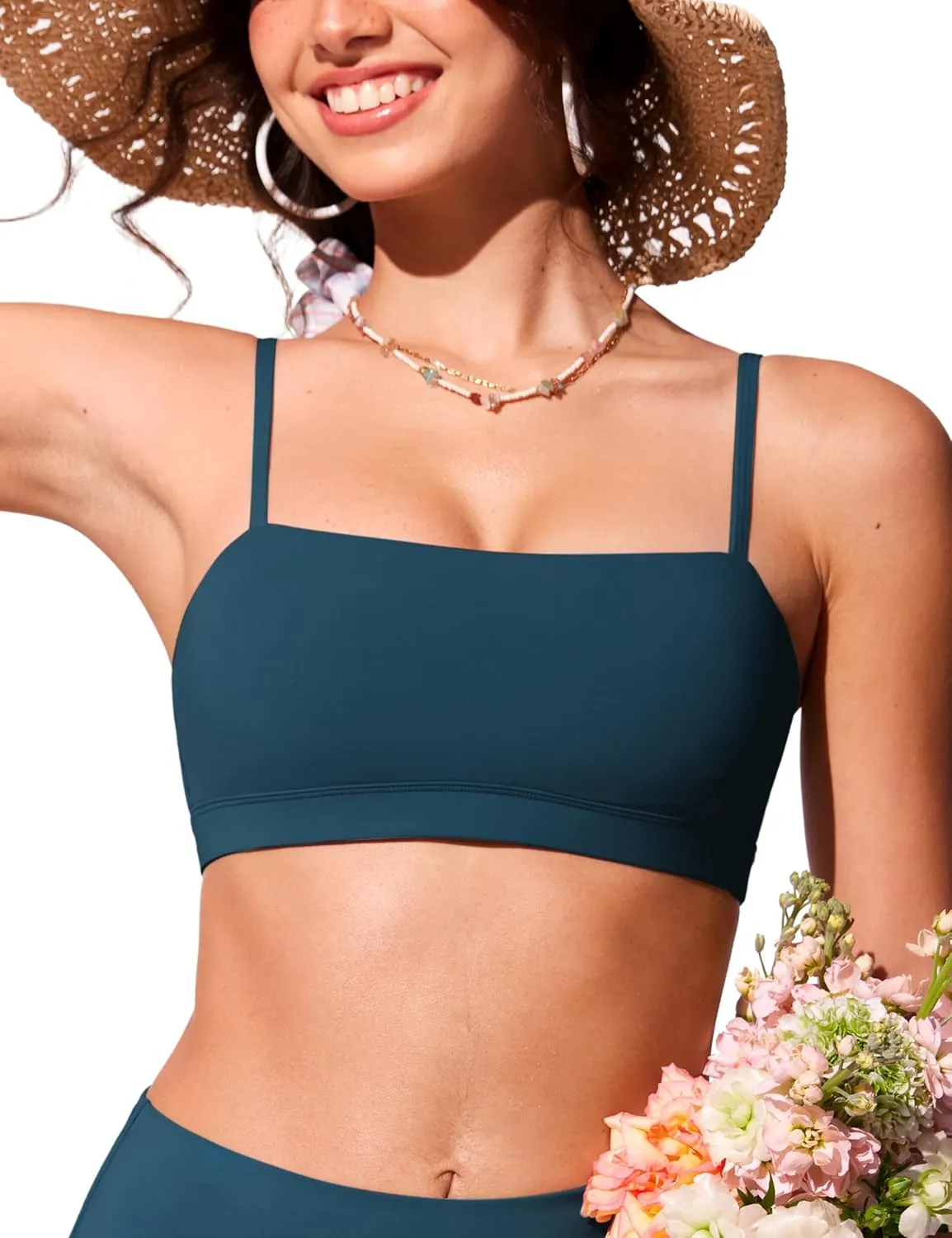 CRZ YOGA Womens Bikini Top A-C Cup Adjustable Thin Straps Bathing Suit Square Neck Padded Swimsuits