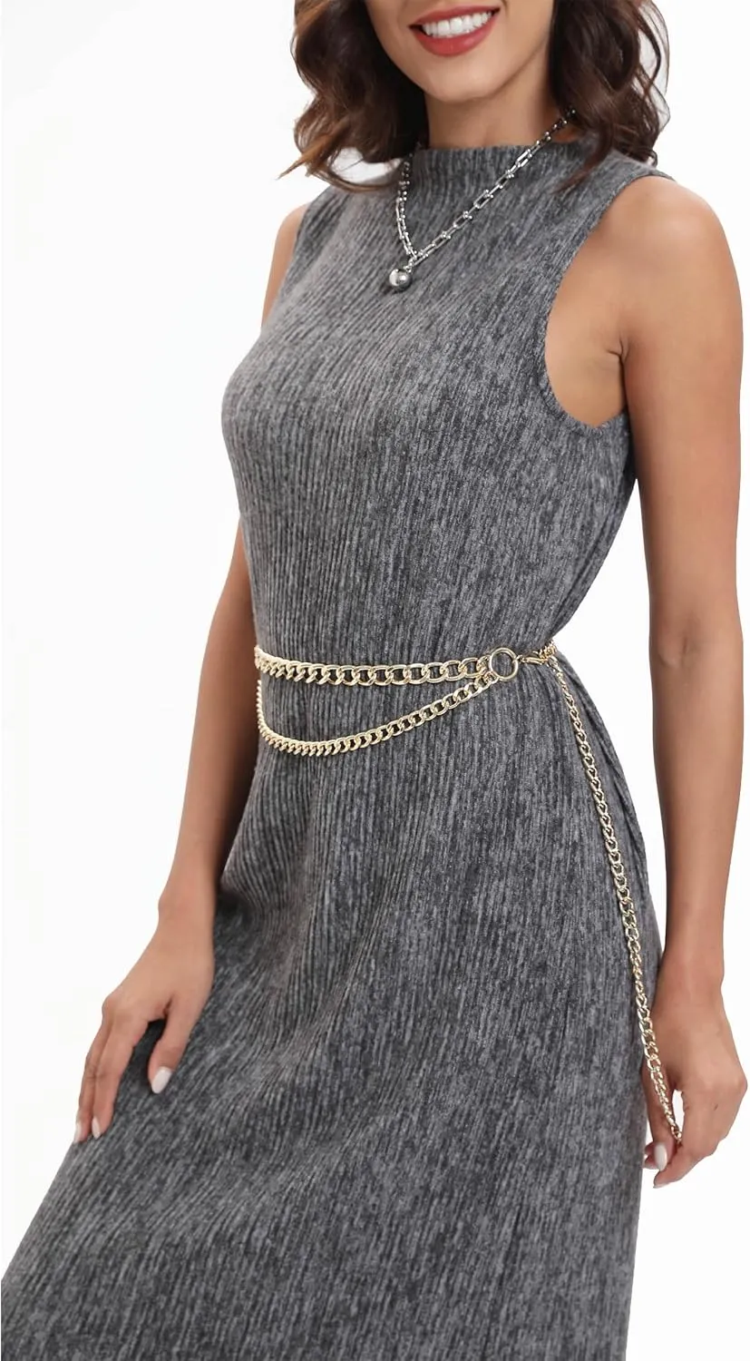 FAN&LOUIS Gold Waist Chain Belt for Women Dresses Metal Link Dangling Cinturones De Mujer