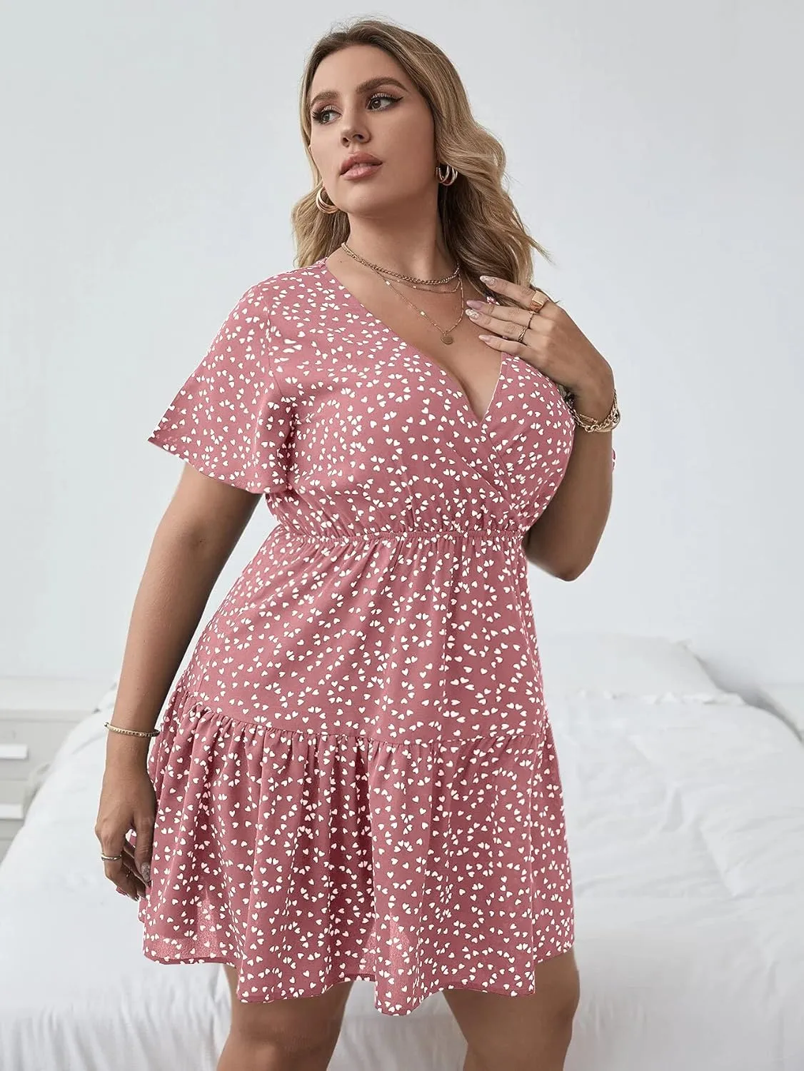 Floerns Women's Plus Size Wrap V Neck Short Sleeve Ruffle Hem A Line Short Dress