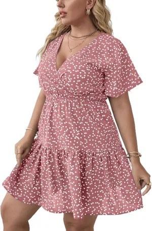 Floerns Women's Plus Size Wrap V Neck Short Sleeve Ruffle Hem A Line Short Dress