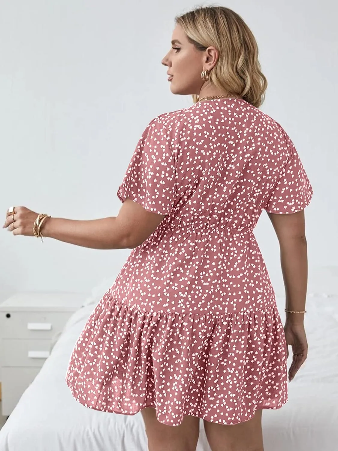 Floerns Women's Plus Size Wrap V Neck Short Sleeve Ruffle Hem A Line Short Dress
