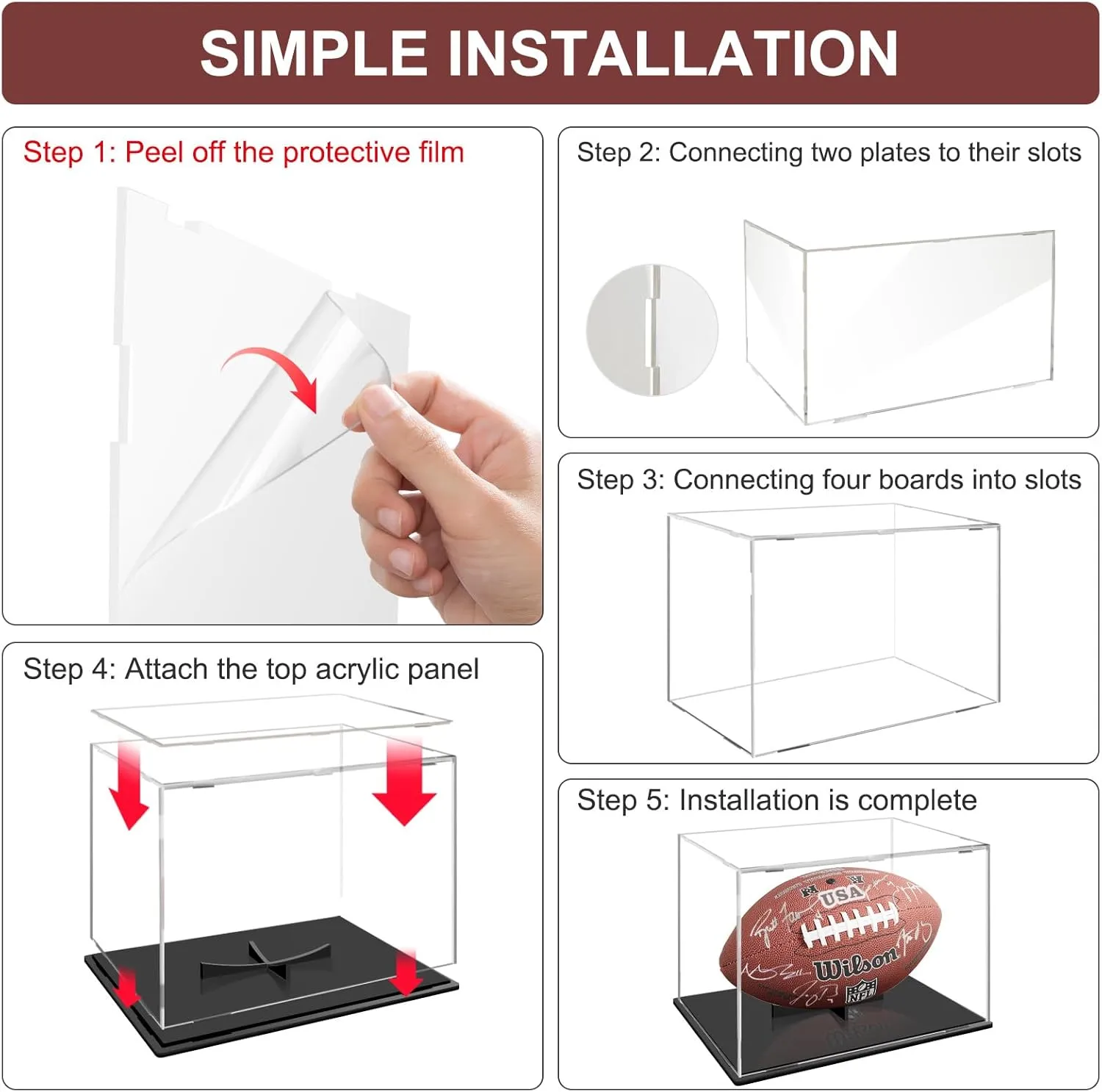 Football Display Case:Clear Acrylic Football Display Cases,Dust and UV Protection Acrylic Display Box with Removable Football Stand for Signed Football Sports Collectibles Memorabilia Display