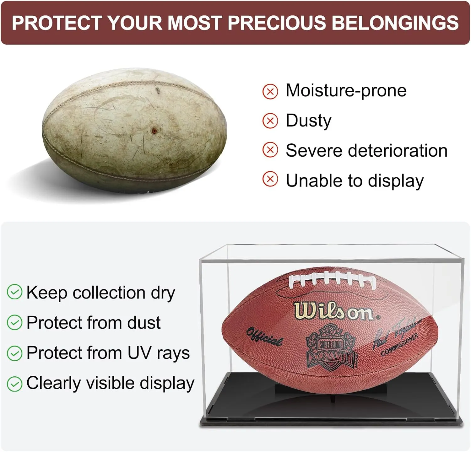 Football Display Case:Clear Acrylic Football Display Cases,Dust and UV Protection Acrylic Display Box with Removable Football Stand for Signed Football Sports Collectibles Memorabilia Display