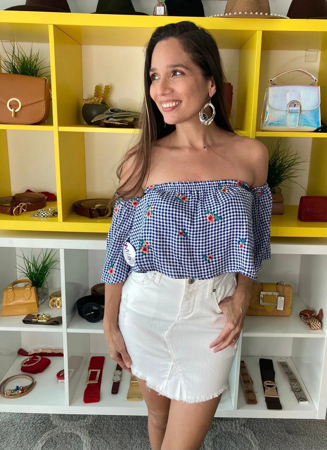 Gingham Print Off Shoulder Crop Top