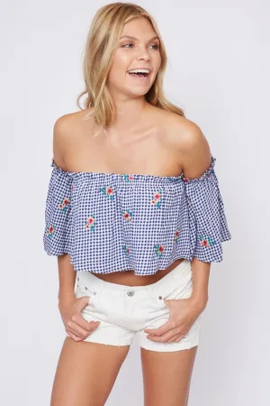 Gingham Print Off Shoulder Crop Top
