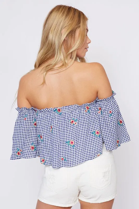 Gingham Print Off Shoulder Crop Top