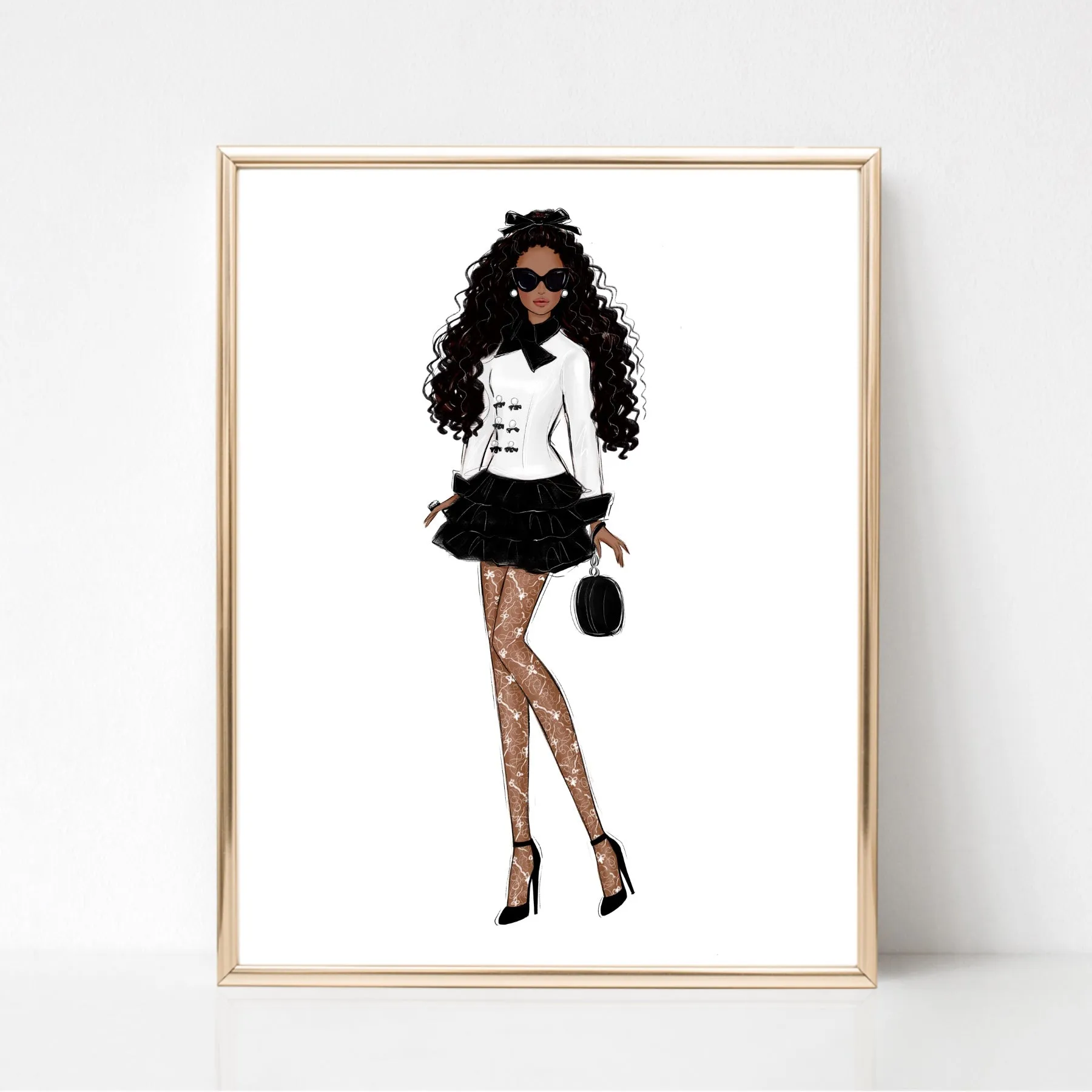 Girl in black and white sassy outfit fashion illustration art print