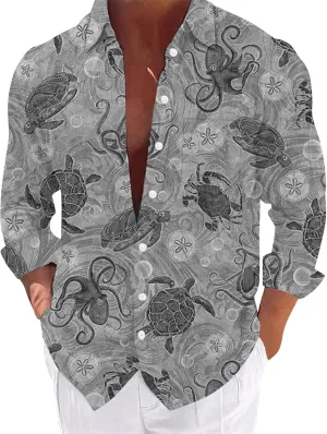 Graphic Button Down Tee Shirts for Men Long Sleeve Roll Up Wrinkle Free Summer Floral Turtle Print Vacation Tee Top