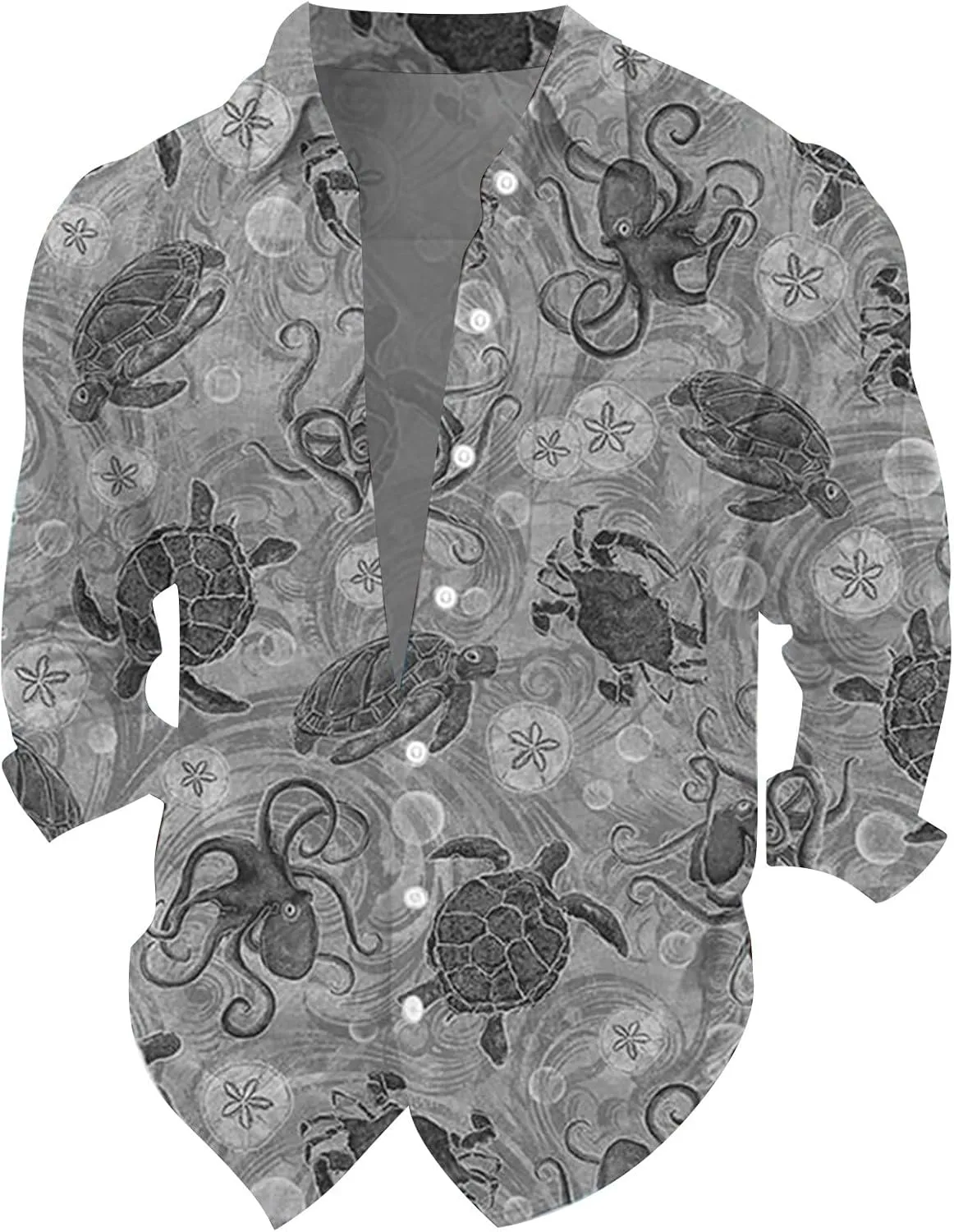 Graphic Button Down Tee Shirts for Men Long Sleeve Roll Up Wrinkle Free Summer Floral Turtle Print Vacation Tee Top