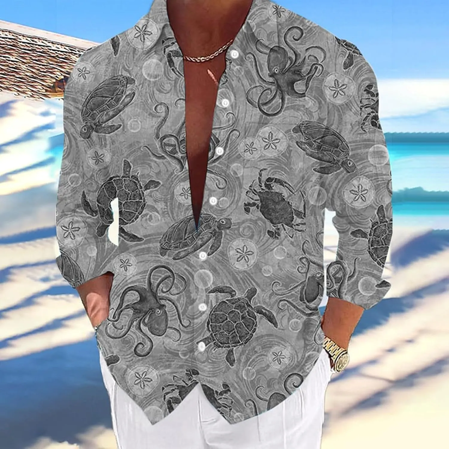 Graphic Button Down Tee Shirts for Men Long Sleeve Roll Up Wrinkle Free Summer Floral Turtle Print Vacation Tee Top