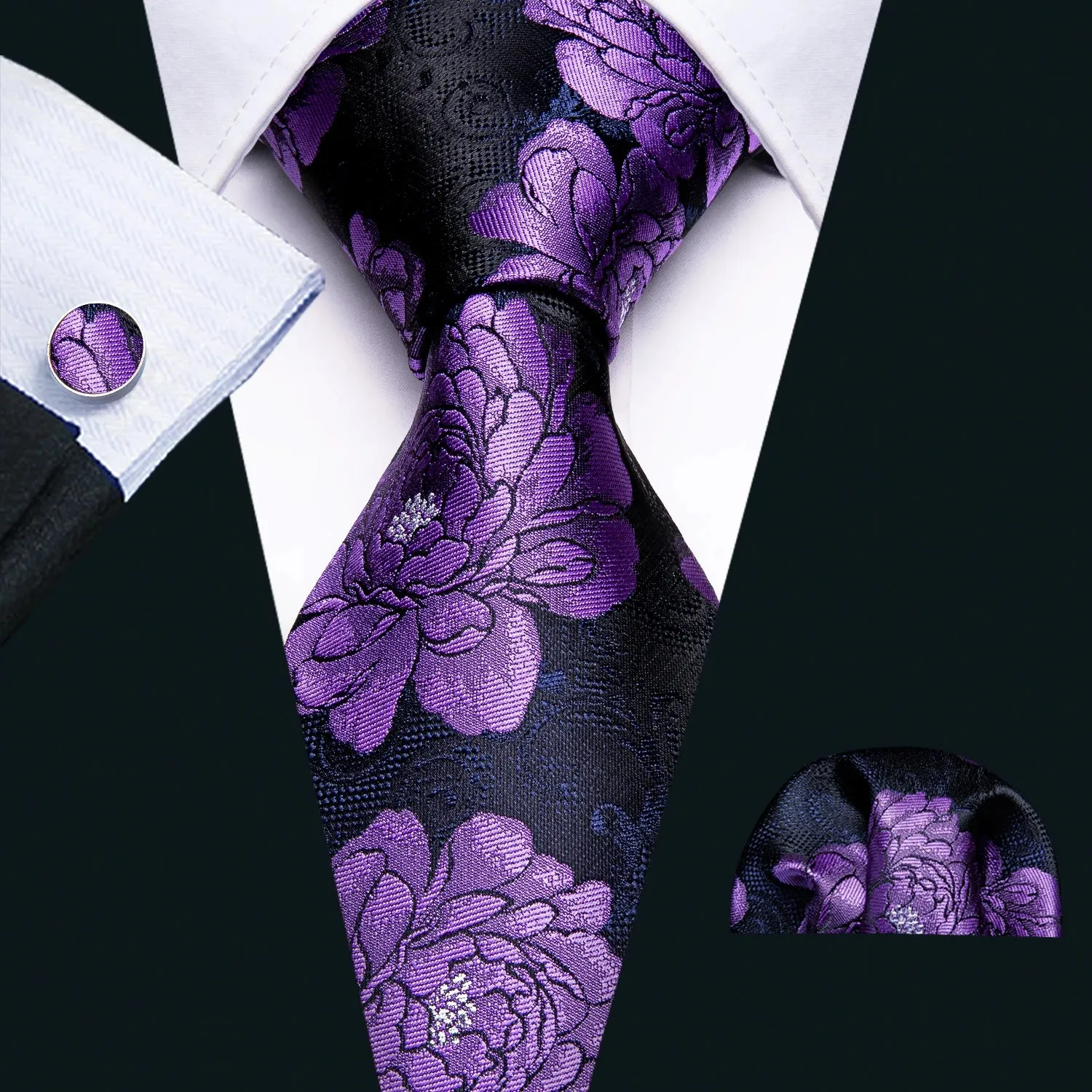 Gravata de Seda Jacquard com Abotoaduras e Lenço Bari