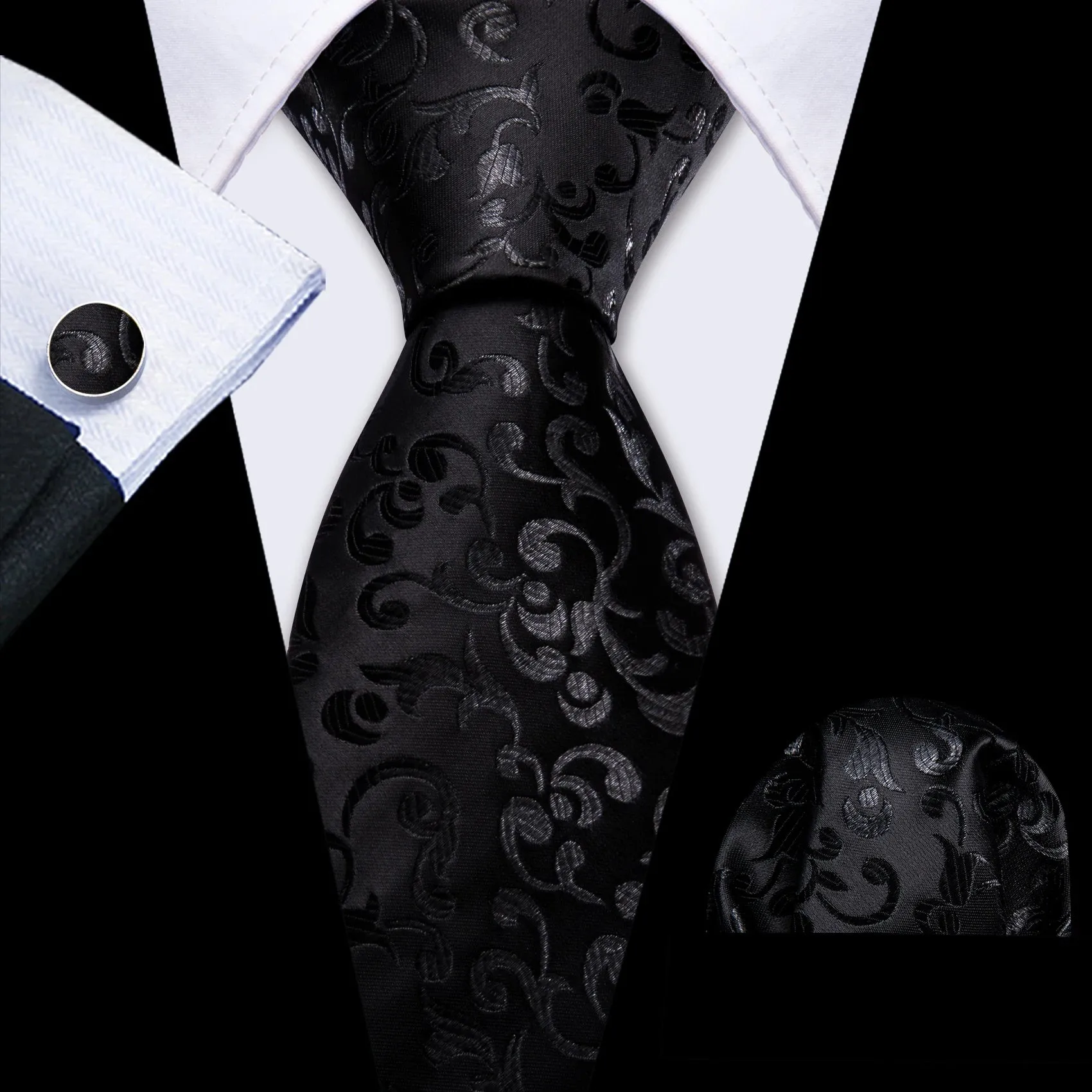 Gravata de Seda Jacquard com Abotoaduras e Lenço Bari
