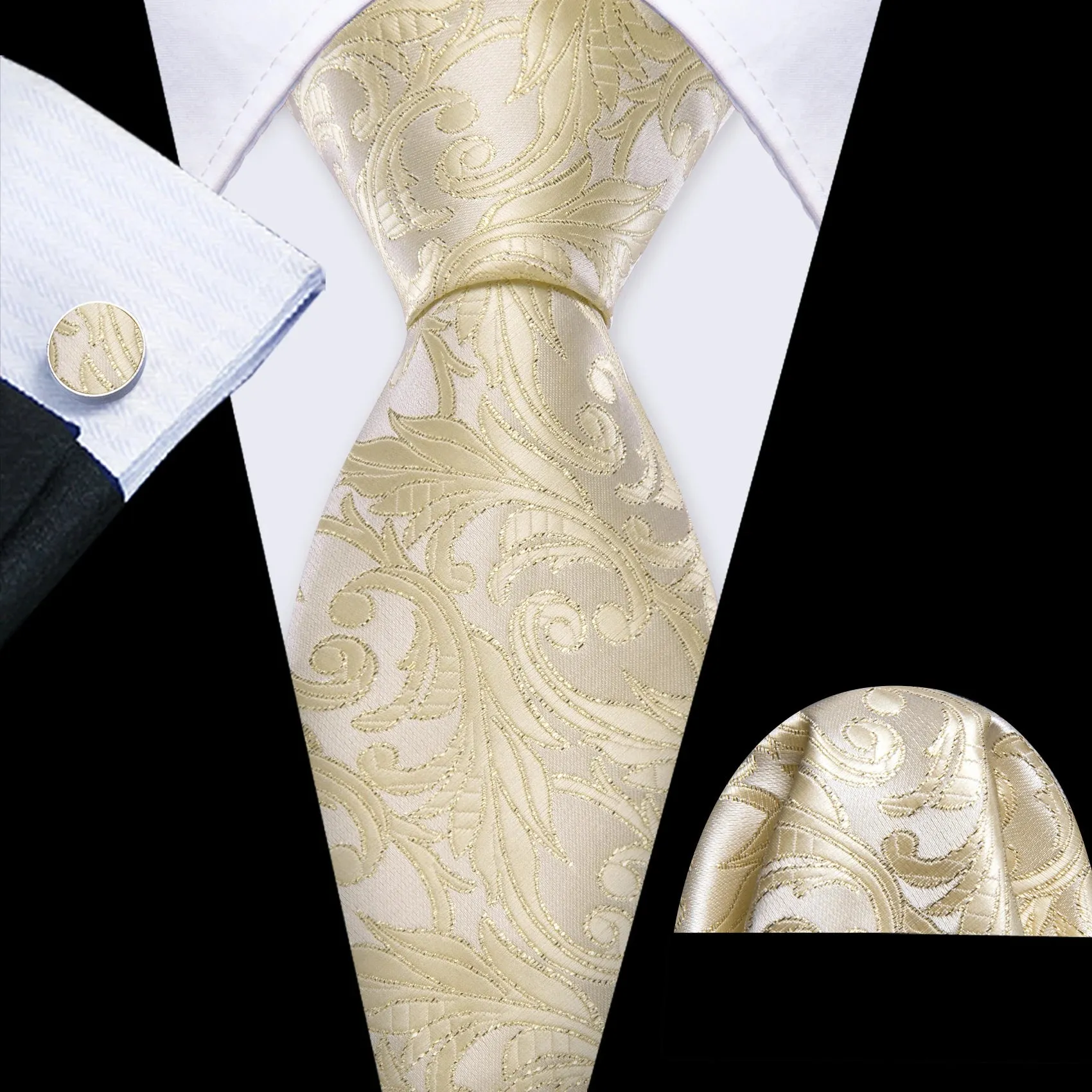 Gravata de Seda Jacquard com Abotoaduras e Lenço Bari