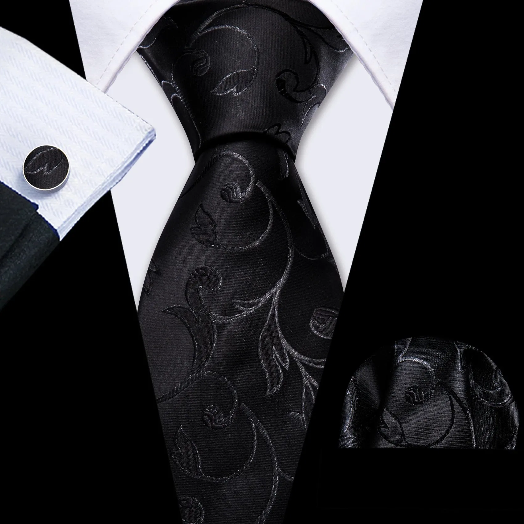 Gravata de Seda Jacquard com Abotoaduras e Lenço Bari