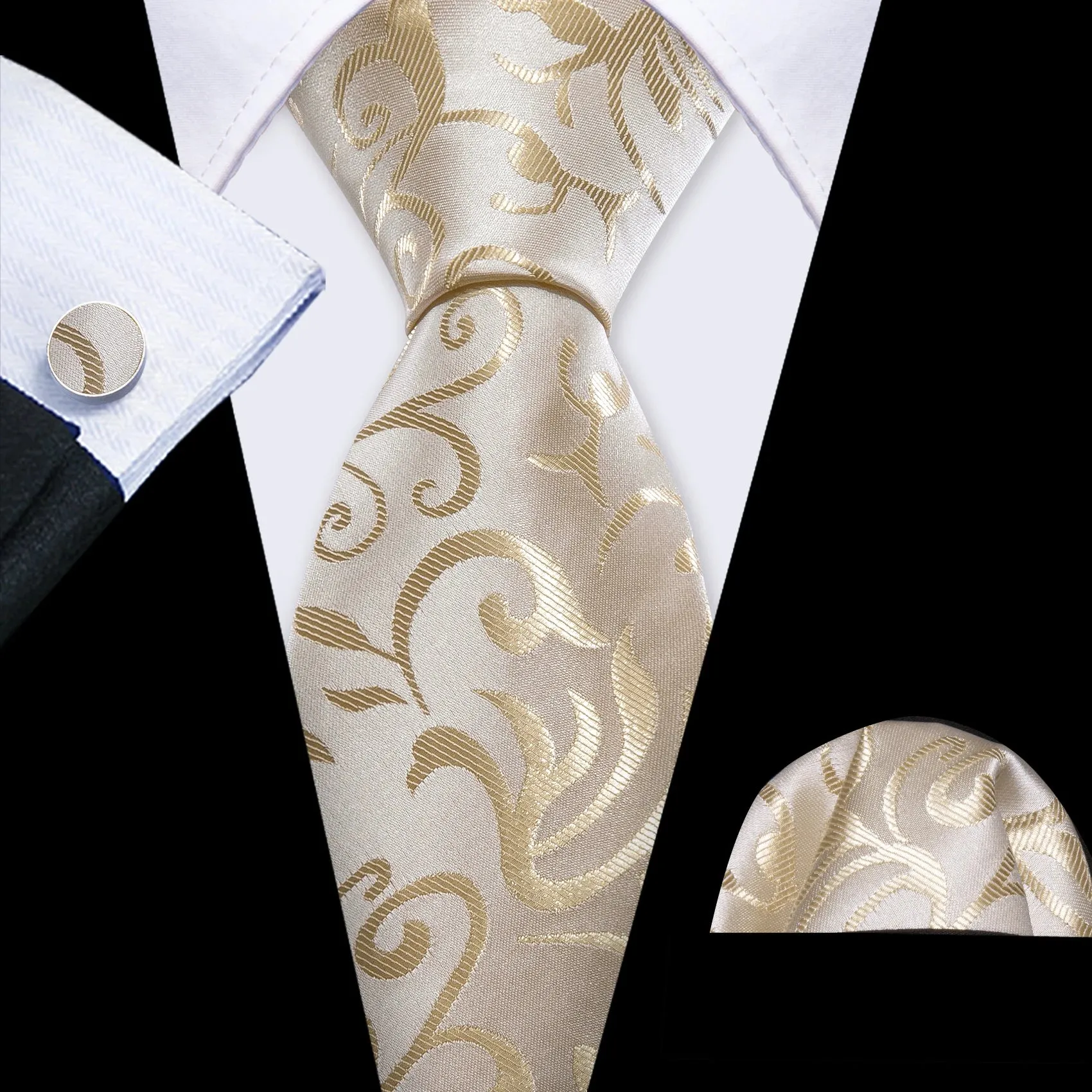 Gravata de Seda Jacquard com Abotoaduras e Lenço Bari