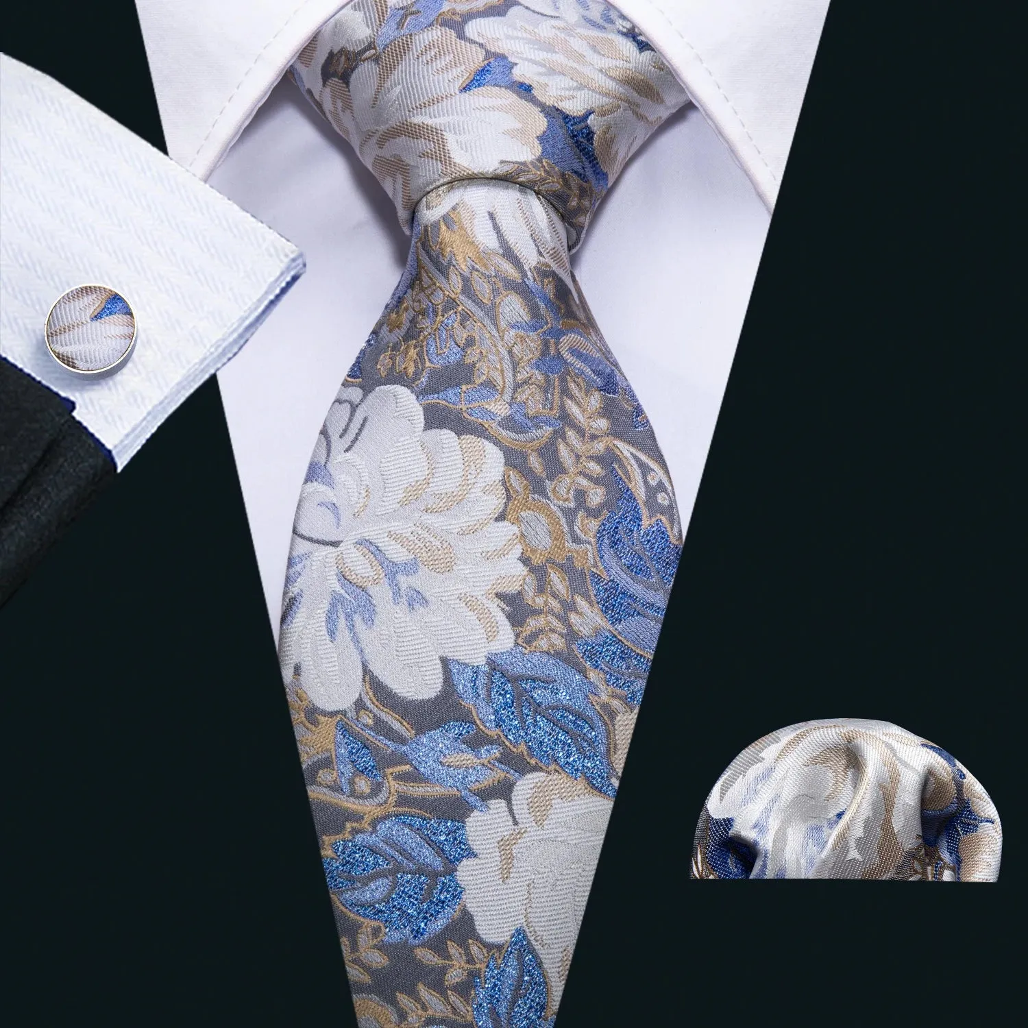 Gravata de Seda Jacquard com Abotoaduras e Lenço Bari