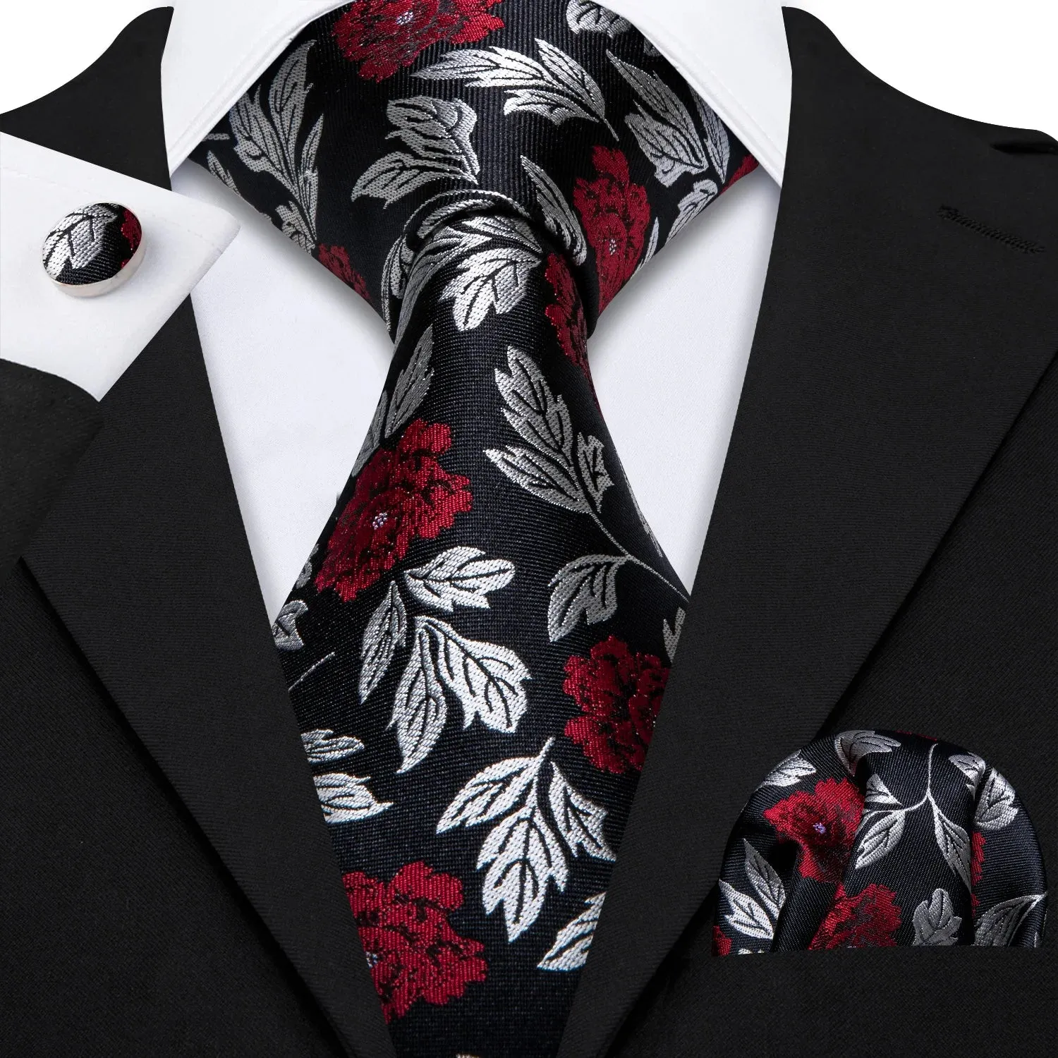 Gravata de Seda Jacquard com Abotoaduras e Lenço Bari
