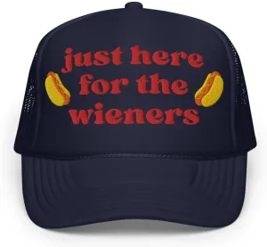 Just Here for The Wieners Foam Trucker Hat Embroidered 4th of July Baseball Hat Independence Day Gifts Funny Hot Dog Hats