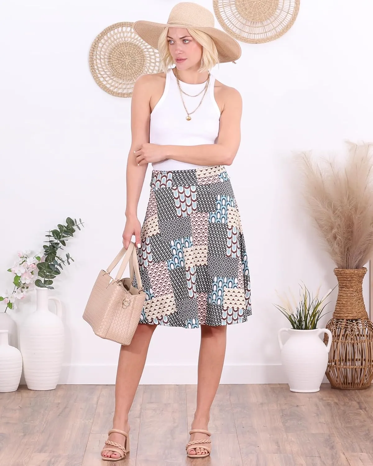 Popana Womens Casual Knee Length A-Line Stretch Midi Skirt Plus Size