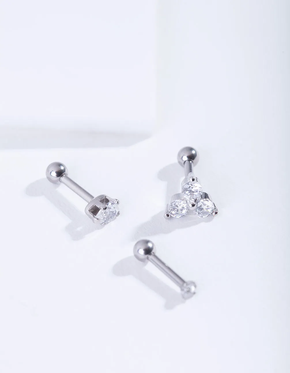 Rhodium Surgical Steel Tripple Diamante Barbell Earrings