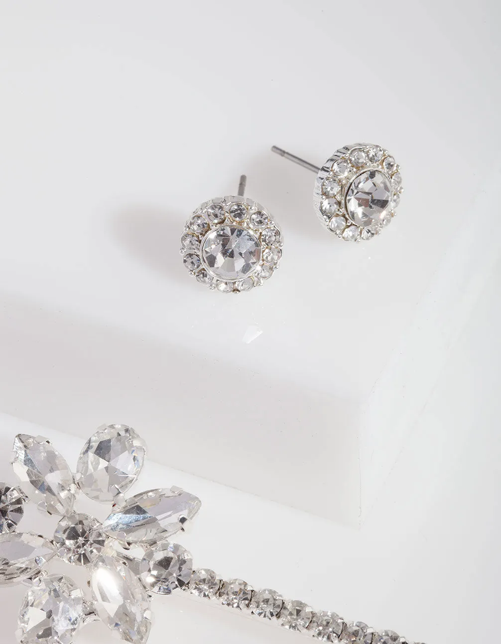 Silver Diamante Floral Clip and Earring Pack
