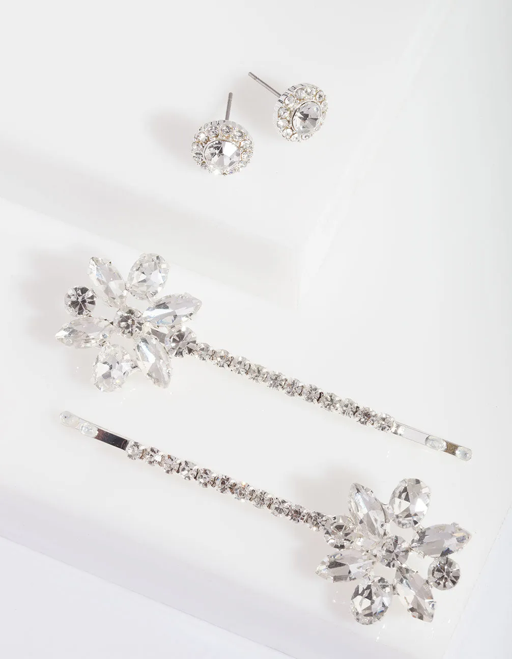 Silver Diamante Floral Clip and Earring Pack