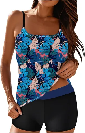 Tankini Swimsuits for Women Tummy Control with Boy Shorts Modest 2 Piece Bathing Suit Trendy Floral Athletic Swimwear