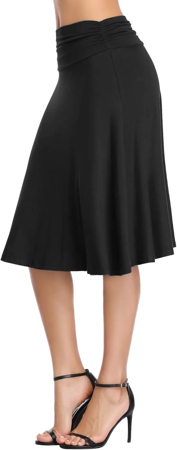 Urban CoCo Women's Ruched High Waist Knee Length Jersey A-Line Stretchy Flared Casual Skirt