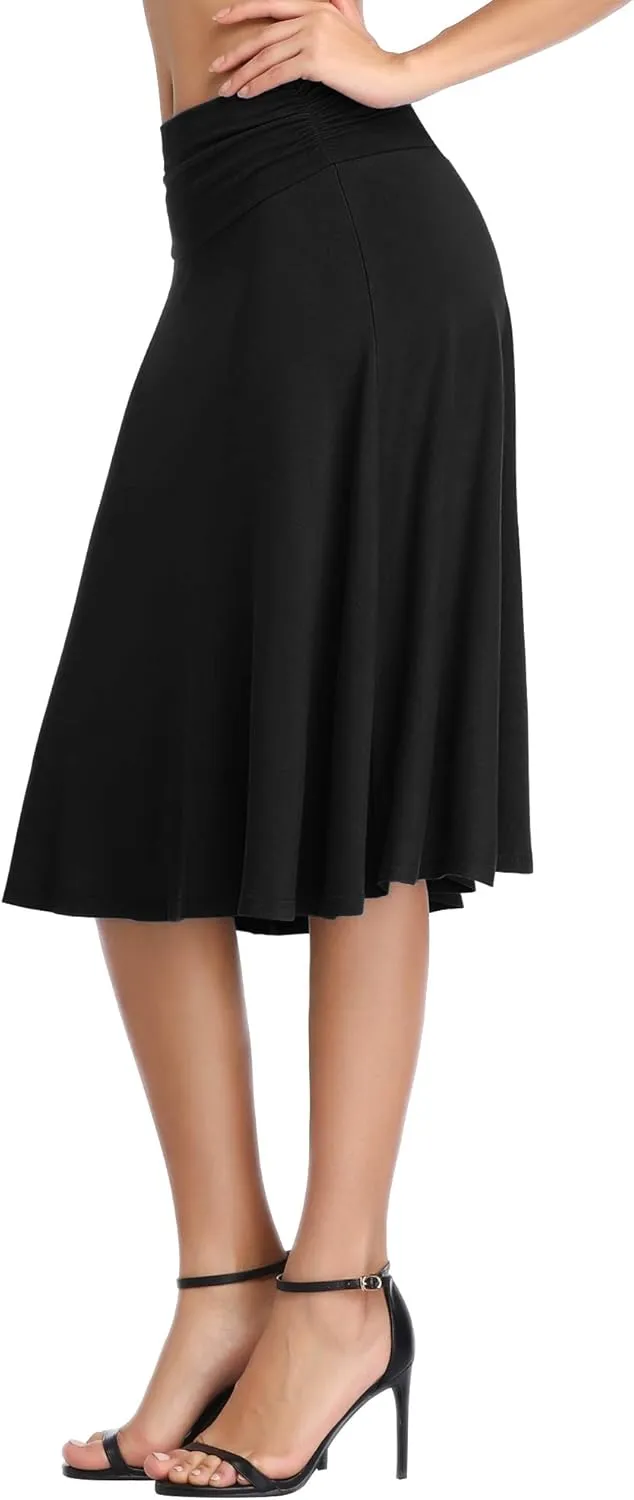 Urban CoCo Women's Ruched High Waist Knee Length Jersey A-Line Stretchy Flared Casual Skirt