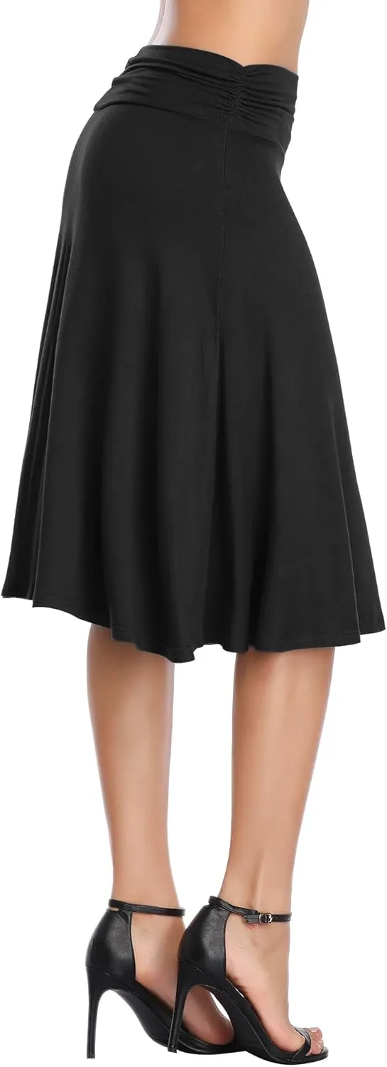 Urban CoCo Women's Ruched High Waist Knee Length Jersey A-Line Stretchy Flared Casual Skirt