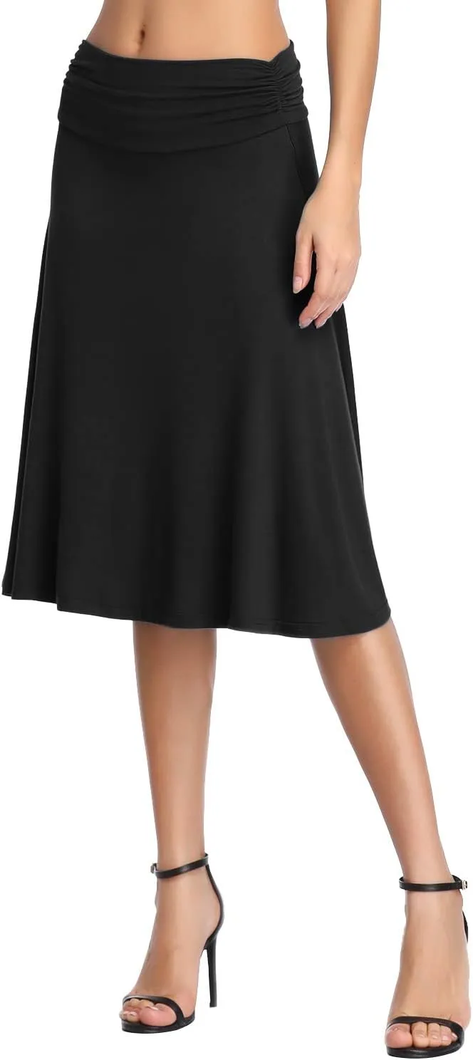 Urban CoCo Women's Ruched High Waist Knee Length Jersey A-Line Stretchy Flared Casual Skirt